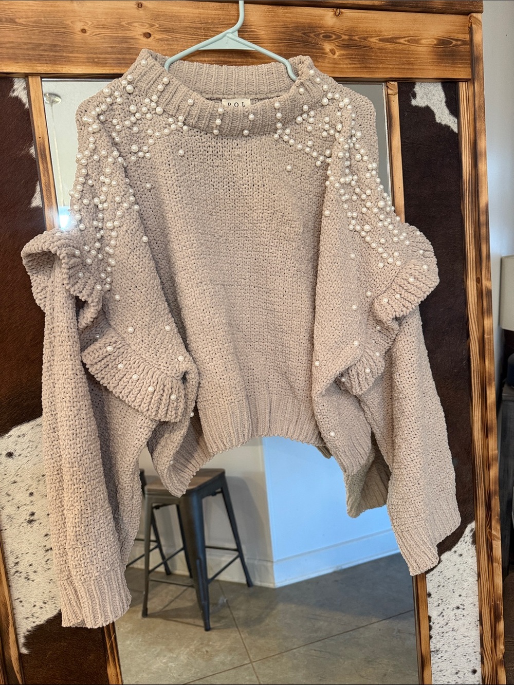 POL Taupe Pearl-Embellished Off-Shoulder Ruffle Sweater